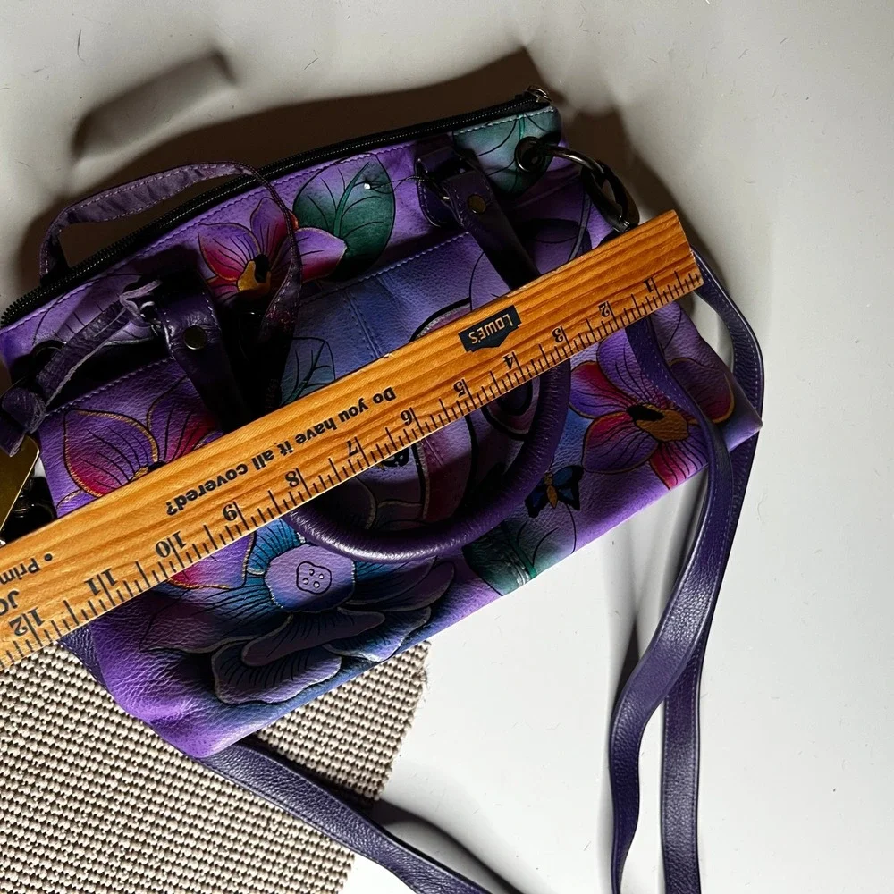 Anuschka Hand Painted Leather Satchel Purple Floral Butterfly Crossbody Bag